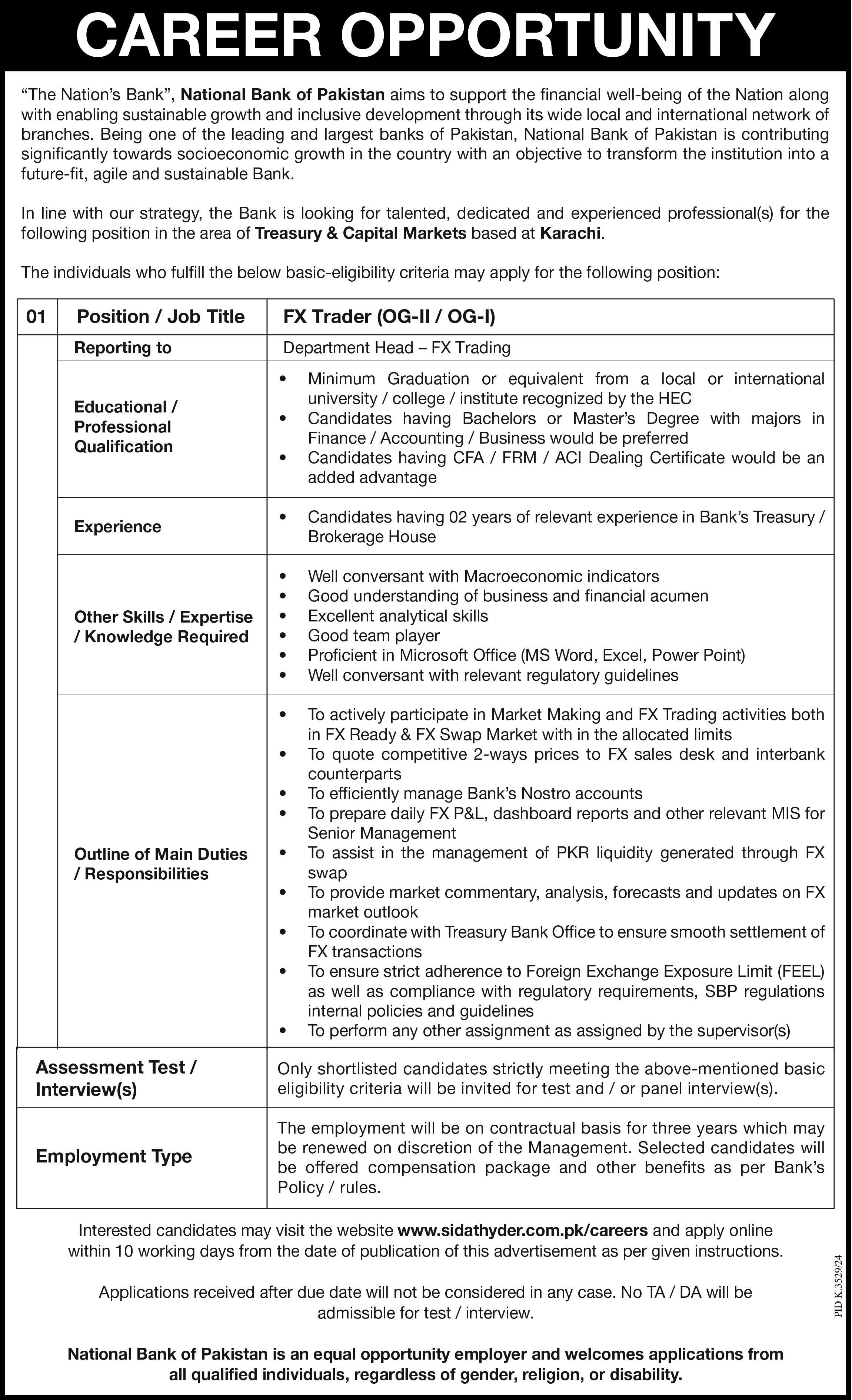 Career Opportunity: FX Trader (OG-II / OG-I) at National Bank of Pakistan