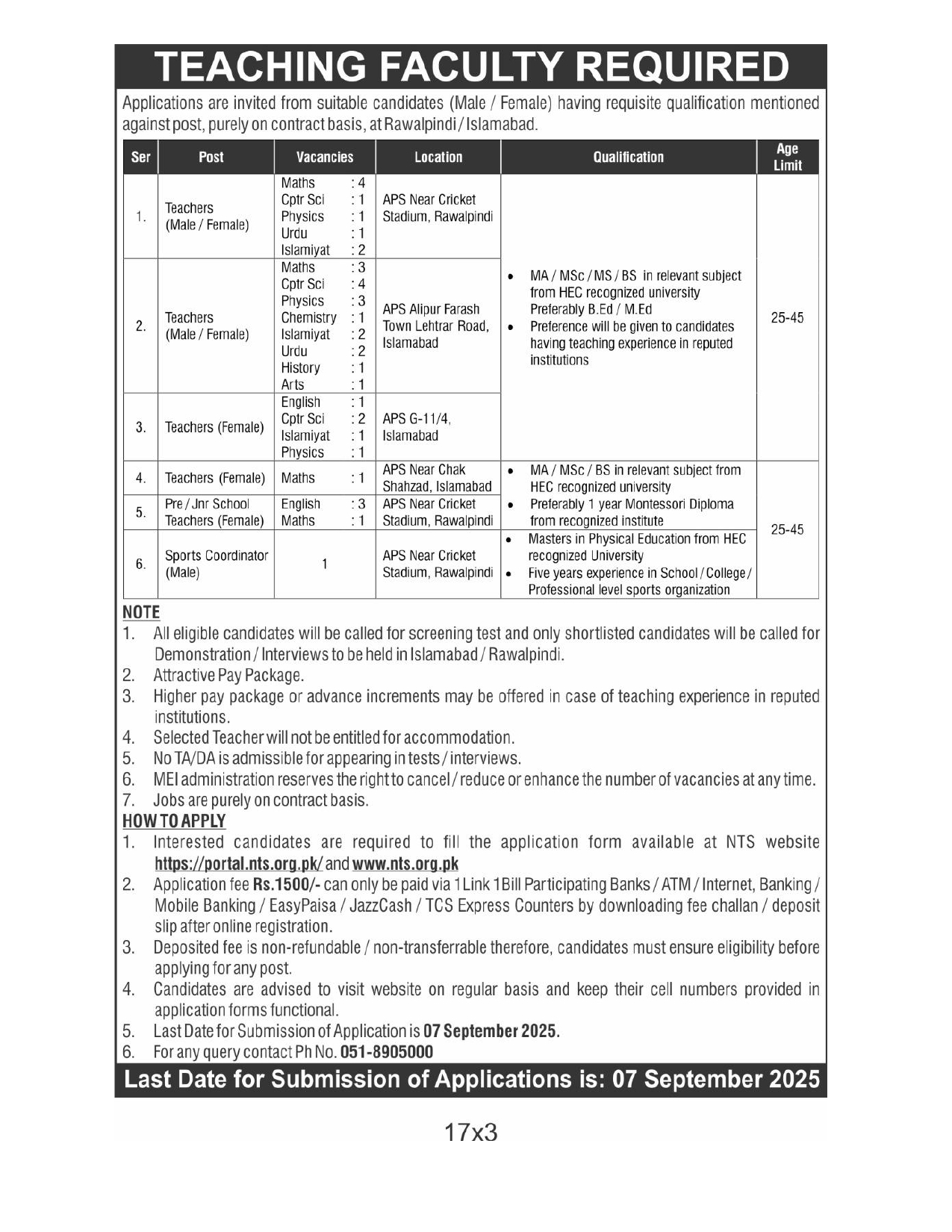  Teaching Jobs 2025 in APS Rawalpindi & Islamabad | NTS Apply