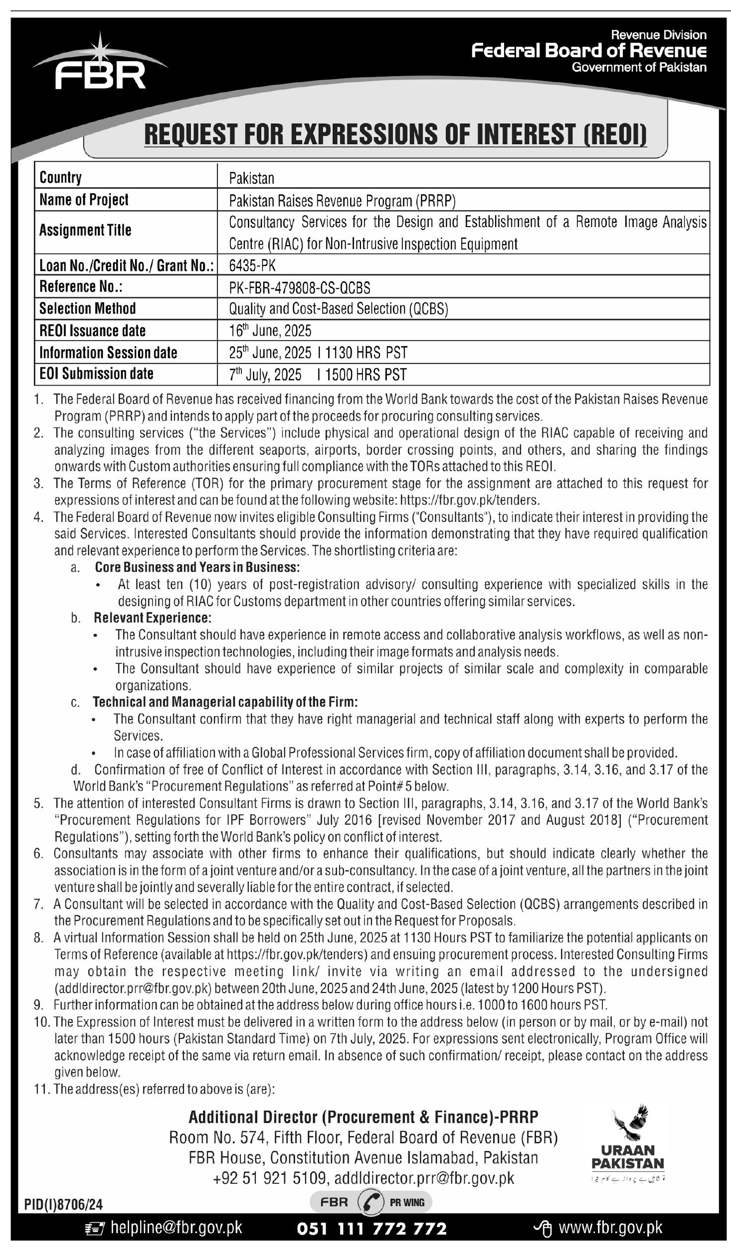  Request for Expressions of Interest (REOI) - Federal Board of Revenue, Pakistan