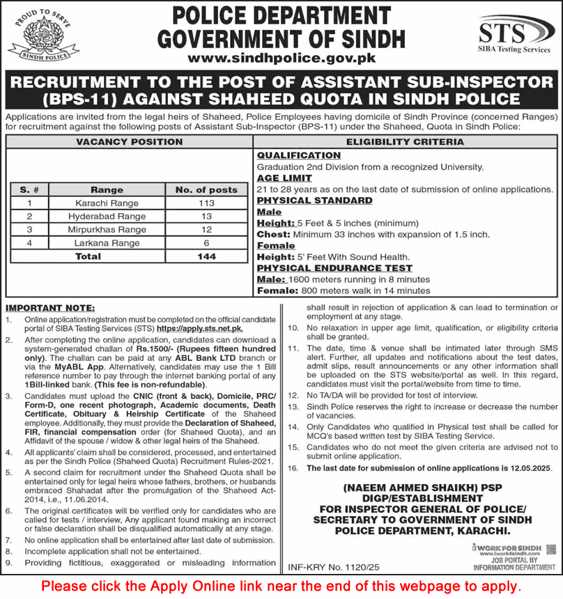  ASI Jobs in Sindh Police April 2025 STS Apply Online Assistant Sub Inspectors Shaheed Quota Latest