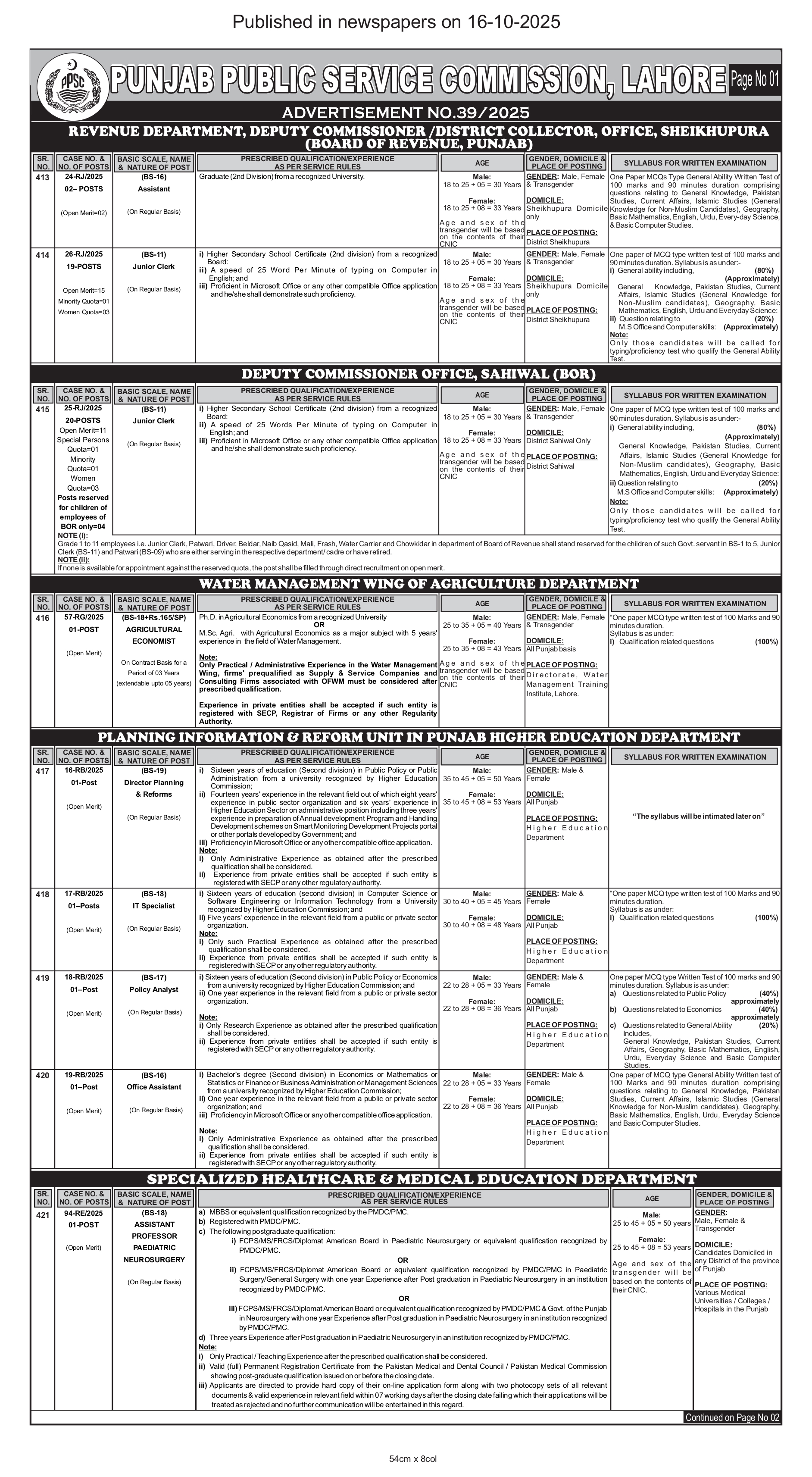  PPSC has announced jobs various departments including Revenue, Agriculture, Higher Education