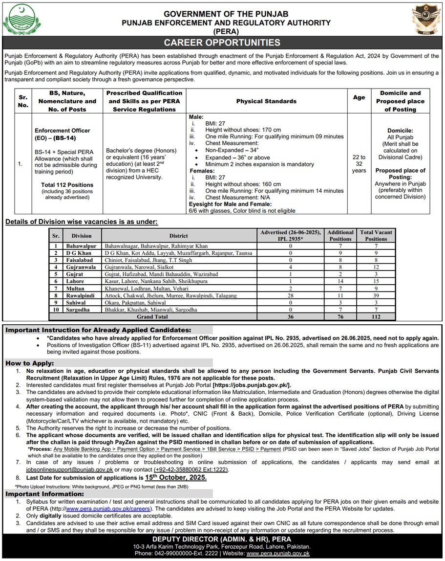  PERA Jobs 2025 – 112 Enforcement Officer Vacancies 