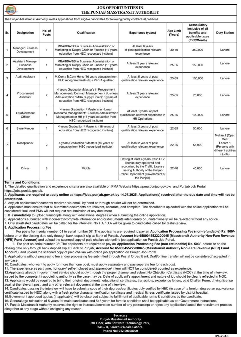  Punjab Masstransit Authority Jobs 2025 Advertisement Online Apply