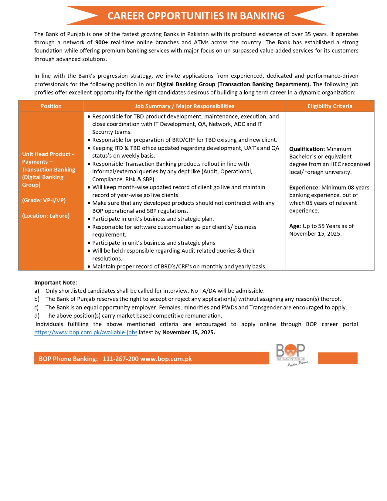  Bank of Punjab Jobs 2025