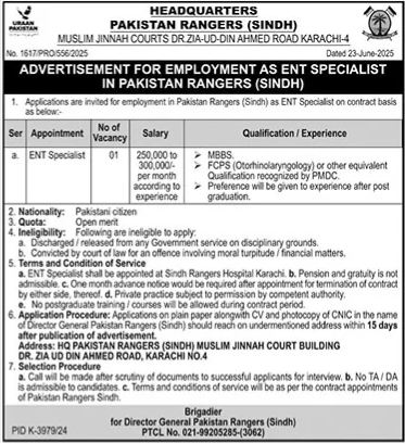  Latest Pakistan Rangers Medical Posts Karachi 2025