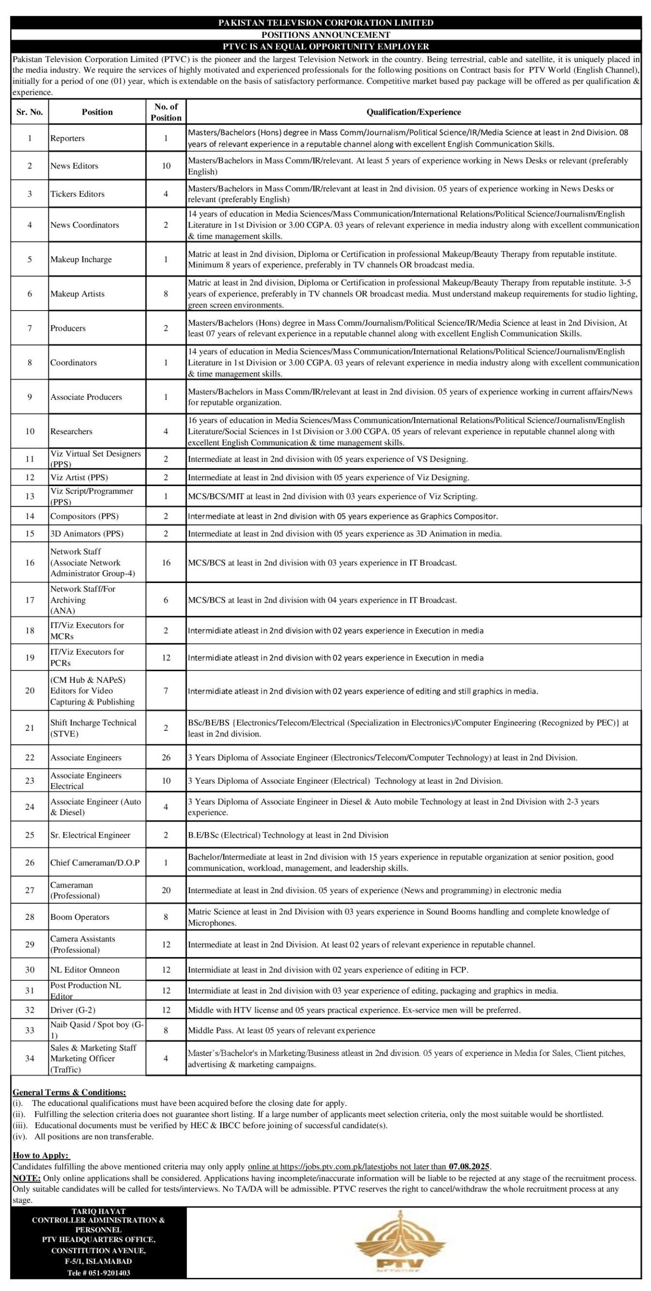  PTV Jobs 2025 Latest Advertisement Online Apply
