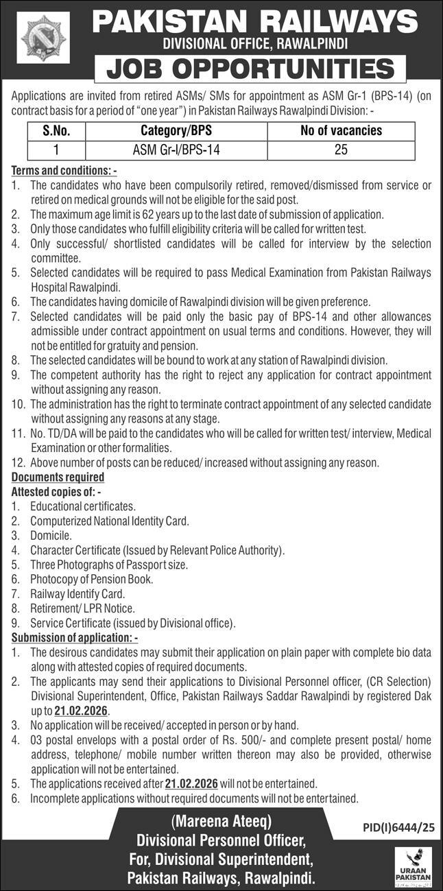  Pakistan Railways ASM Jobs 2026 BPS-14 Rawalpindi Division