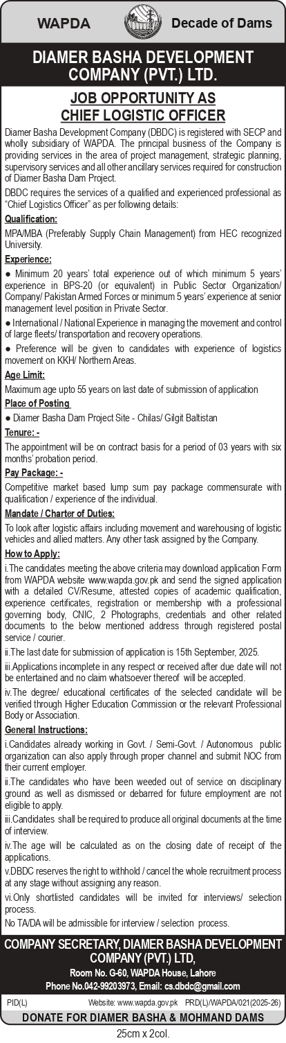  WAPDA Jobs 2025 and Chief Logistic Officer