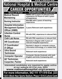 National Hospital & Medical Center Lahore Jobs 2025