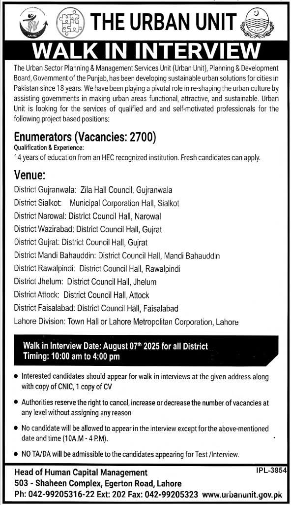  Walk-In Interview for Enumerators (2700 Vacancies) at The Urban Unit Punjab – August 2025