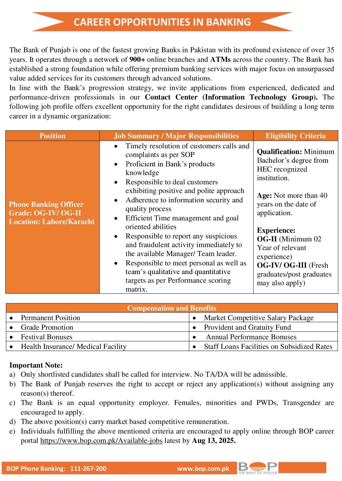  BOP Phone Banking Officers Jobs 2025 OG-II OG-III / OG-IV