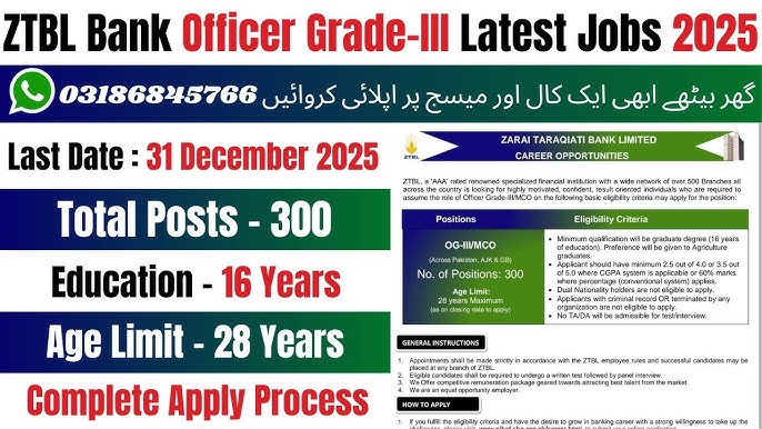 ZTBL Jobs 2025 – Apply Online for 300 OG-III/MCO Posts