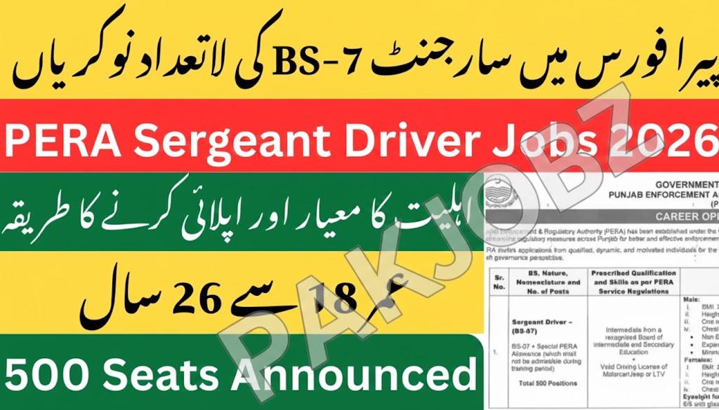 PERA Punjab Jobs 2026 Apply Online | Sergeant Driver BS-07 (500 Posts)