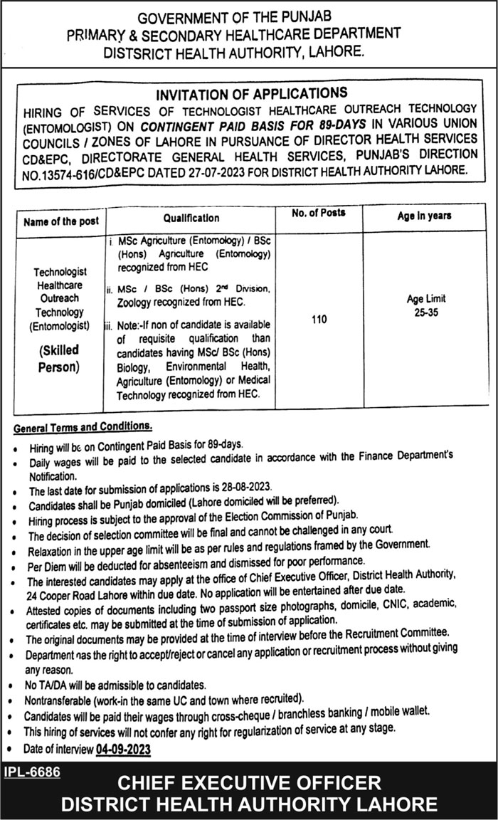 Advertisement of District Health Authority DHA Lahore Jobs 2023