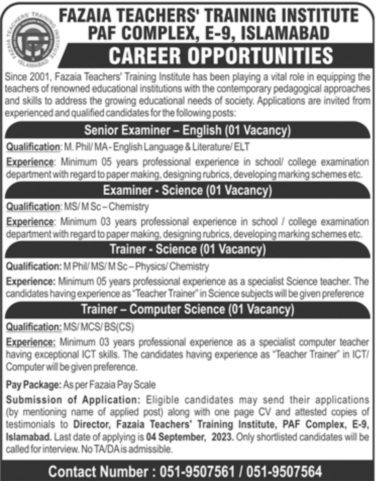 Fazaia Inter College Islamabad Jobs 2023 - Exciting Opportunities with Fazaia Schools and Colleges
