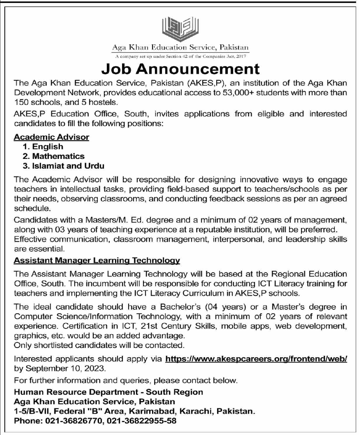 Advertisement of Aga Khan Education Service Pakistan Jobs 2023