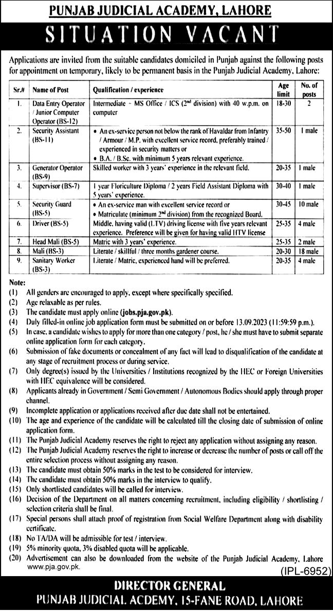 Punjab Judicial Academy Lahore Jobs 2023