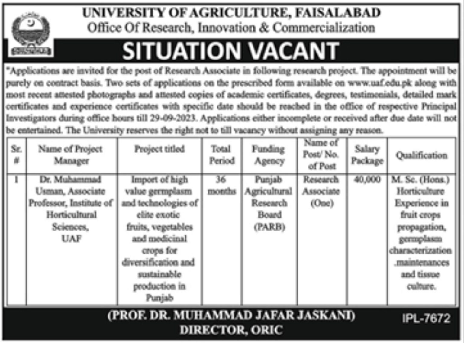 Advertisement of University of Agriculture Faisalabad UAF Jobs 2023