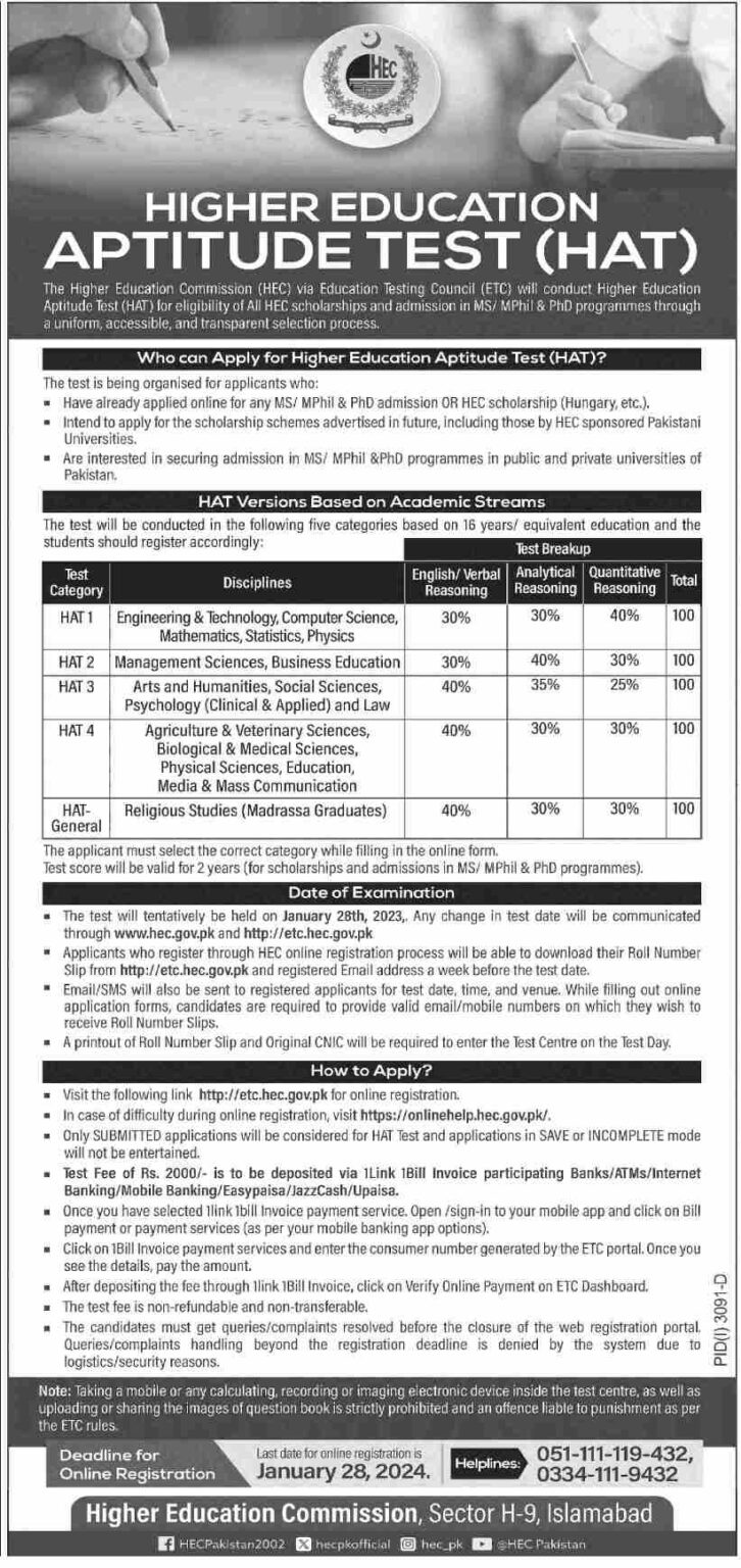 HEC HAT Test Schedule 2024 Register Now for HEC HAT 2024 Pakistan Jobz